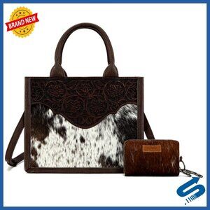 Genuine Hair-On Cowhide Western Tote Bag with Floral Tooling